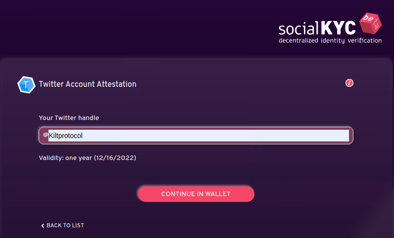 The interface to attest a Twitter handle