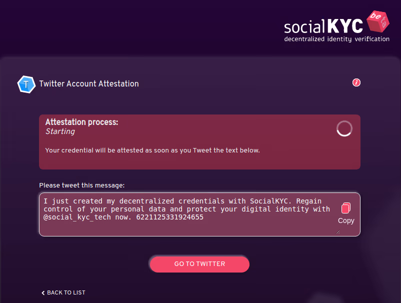 SocialKYC asks us to tweet a message from the account we are trying to attest