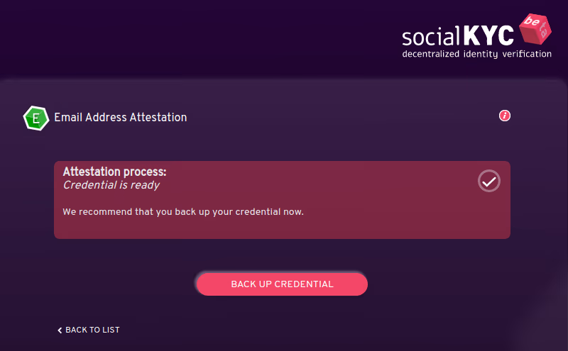 The SocialKYC interface tells us the attestation is done and the credential is ready