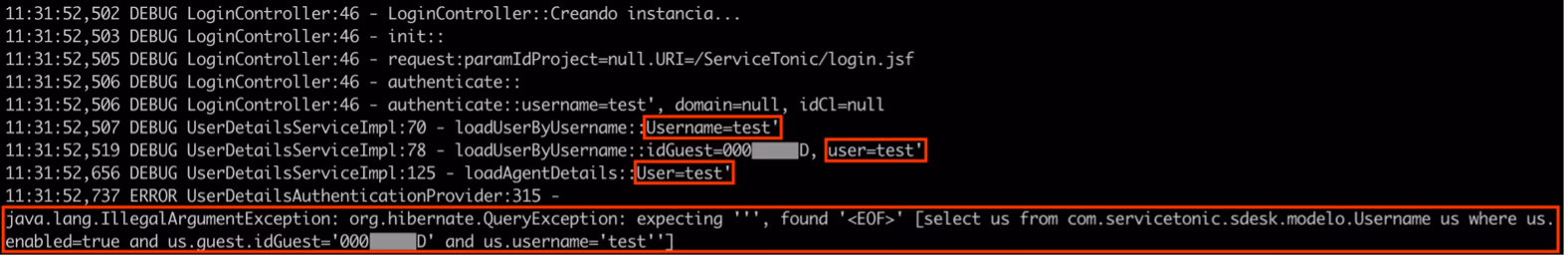 Log with username input and corresponding error message