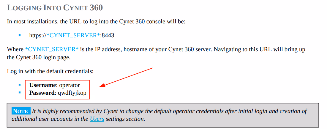 Default credentials listed in Cynet's 360 user guide