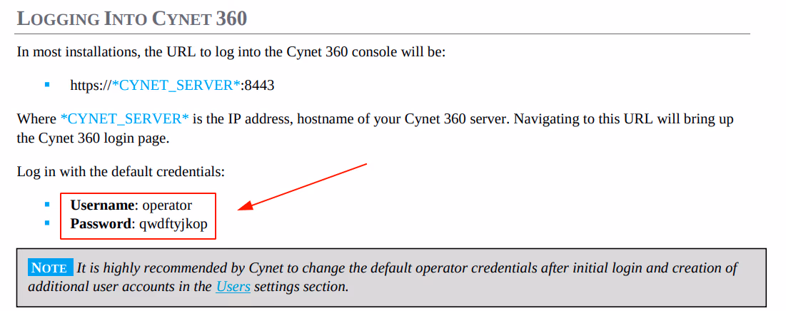 Default credentials listed in Cynet's 360 user guide