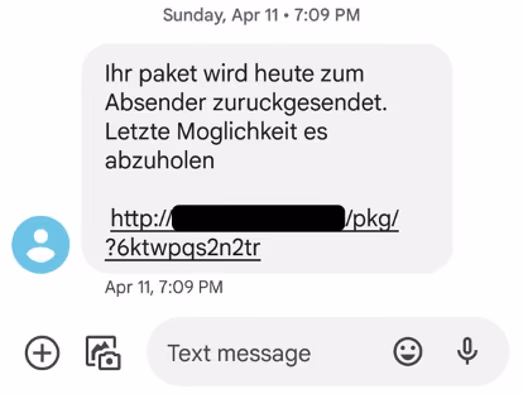 Example for a phishing SMS by FluBot