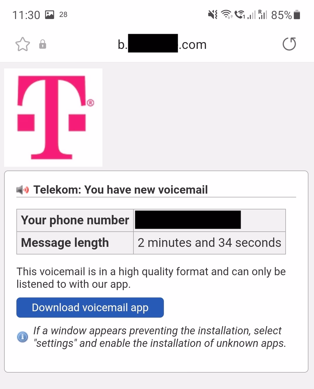 Fake Telekom website that lures people to download the FluBot app