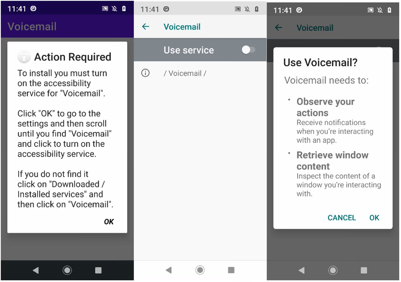 FluBot asking for permission to use Accessibility features. It takes three steps.