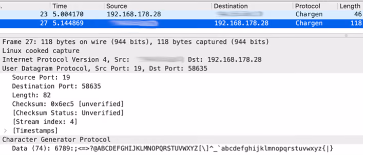 UDP trace of an interaction with the Chargen service