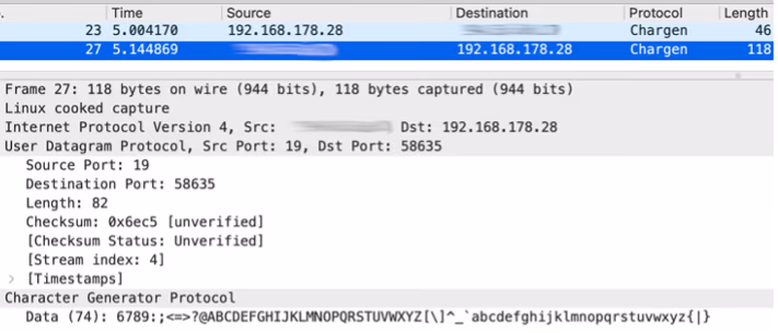 UDP trace of an interaction with the Chargen service