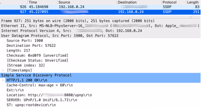 Capture of SSDP traffic with an Internet-connected device