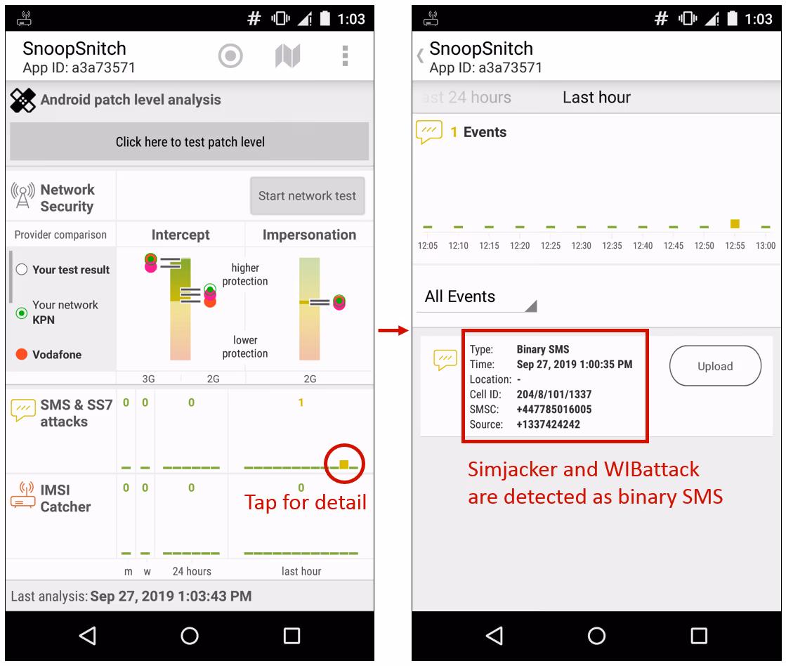 SnoopSnitch warning of Simjacker and WIBattack