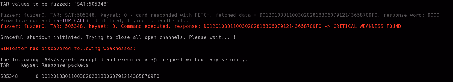 SIMtester output of a SIM card with a vulnerable SAT applet