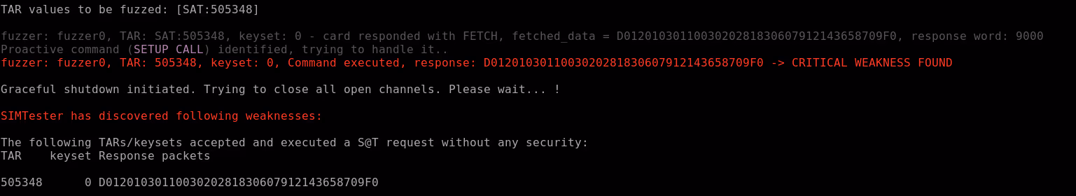 SIMtester output of a SIM card with a vulnerable SAT applet
