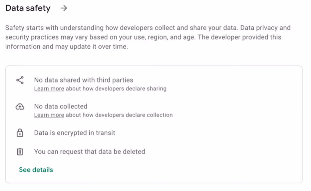 Play Store's data safety section for the application