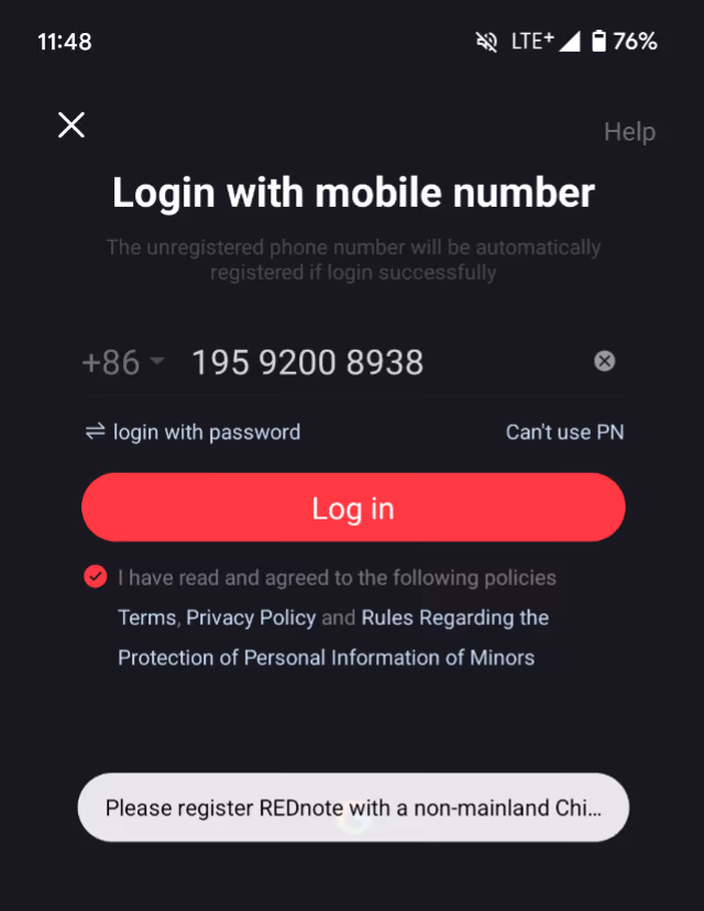 Application rejecting registration using a Chinese phone number